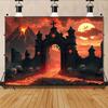 2D Spooky Halloween Backdrop, Hell's Gate with Skulls and Red Moon Banner