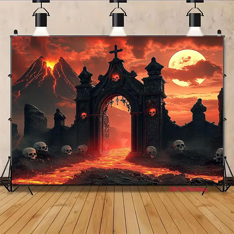 2D Spooky Halloween Backdrop, Hell's Gate with Skulls and Red Moon Banner