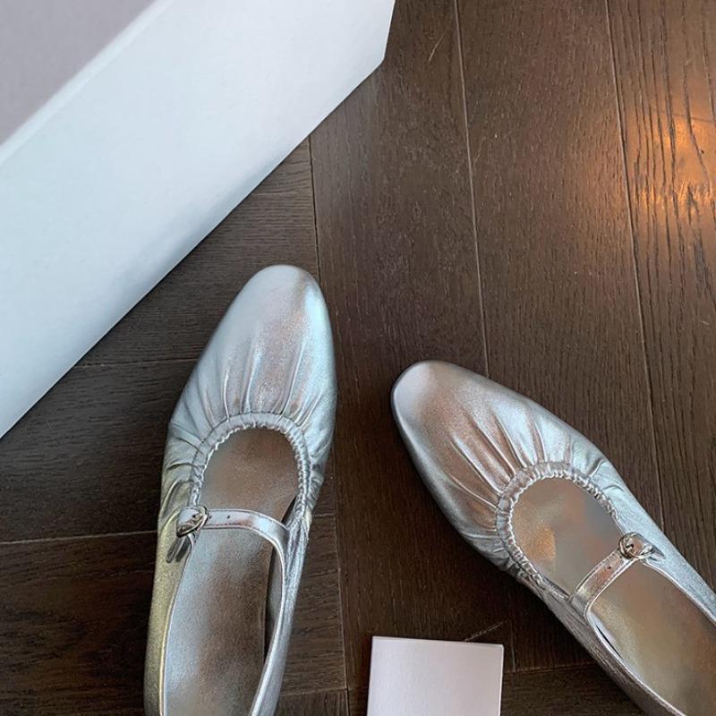 Cowhide Version~ Leather Pleated Silver Light Mouth Single Shoes Women's Flat Bottom New Spring Mary Jane Women's Shoes
