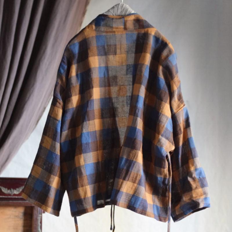Johnature Women Vintage Plaid Chinese Style Loose Belt Spring Autumn Women Jackets