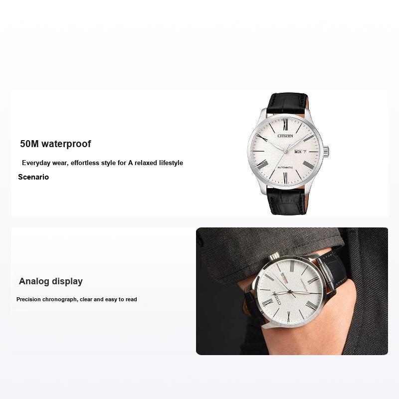 Citizen 50M Waterproof Automatic Mechanical Movement Leather Strap Watch 40Mm Men watches White NH8350-08A White Dial