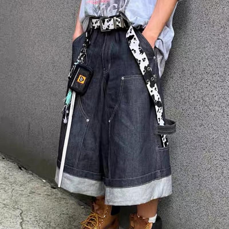 DRIPX Men Wide Leg Denim Shorts Vintage Blue Loose Jeans Shorts Streetwear Harajuku Hip Hop Shorts M