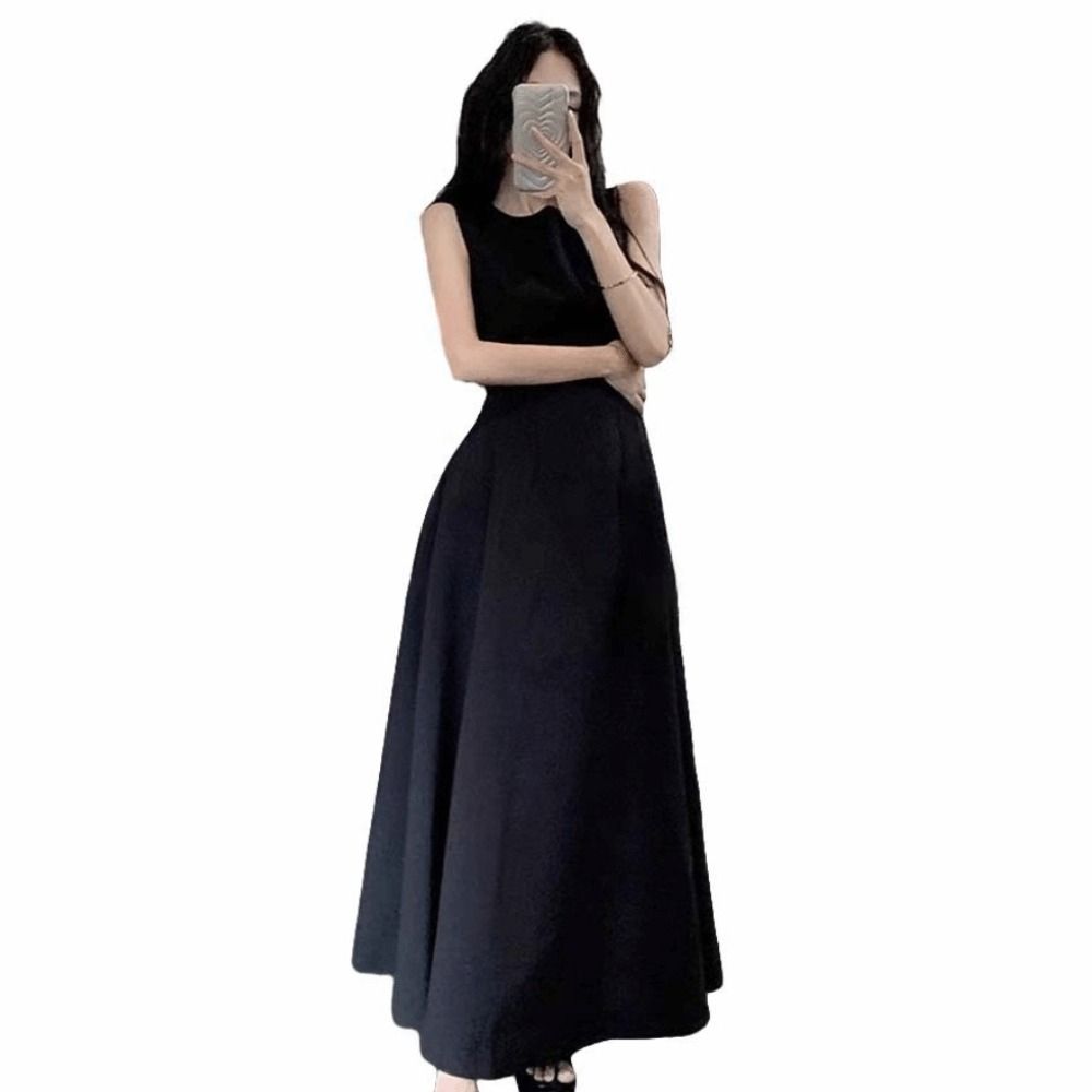 Sleeveless Vest Solid Color Long Skirt Temperament Women Korean Dress  Girlfriend Gift