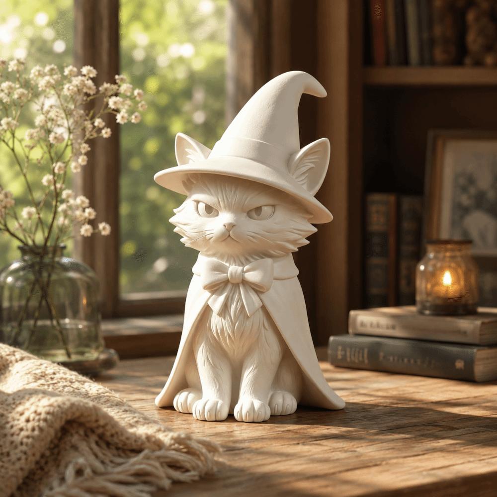 3D Printed Cat Witch Figurine Dark Style Halloween Decorations Cute Cat Statue Home Decor