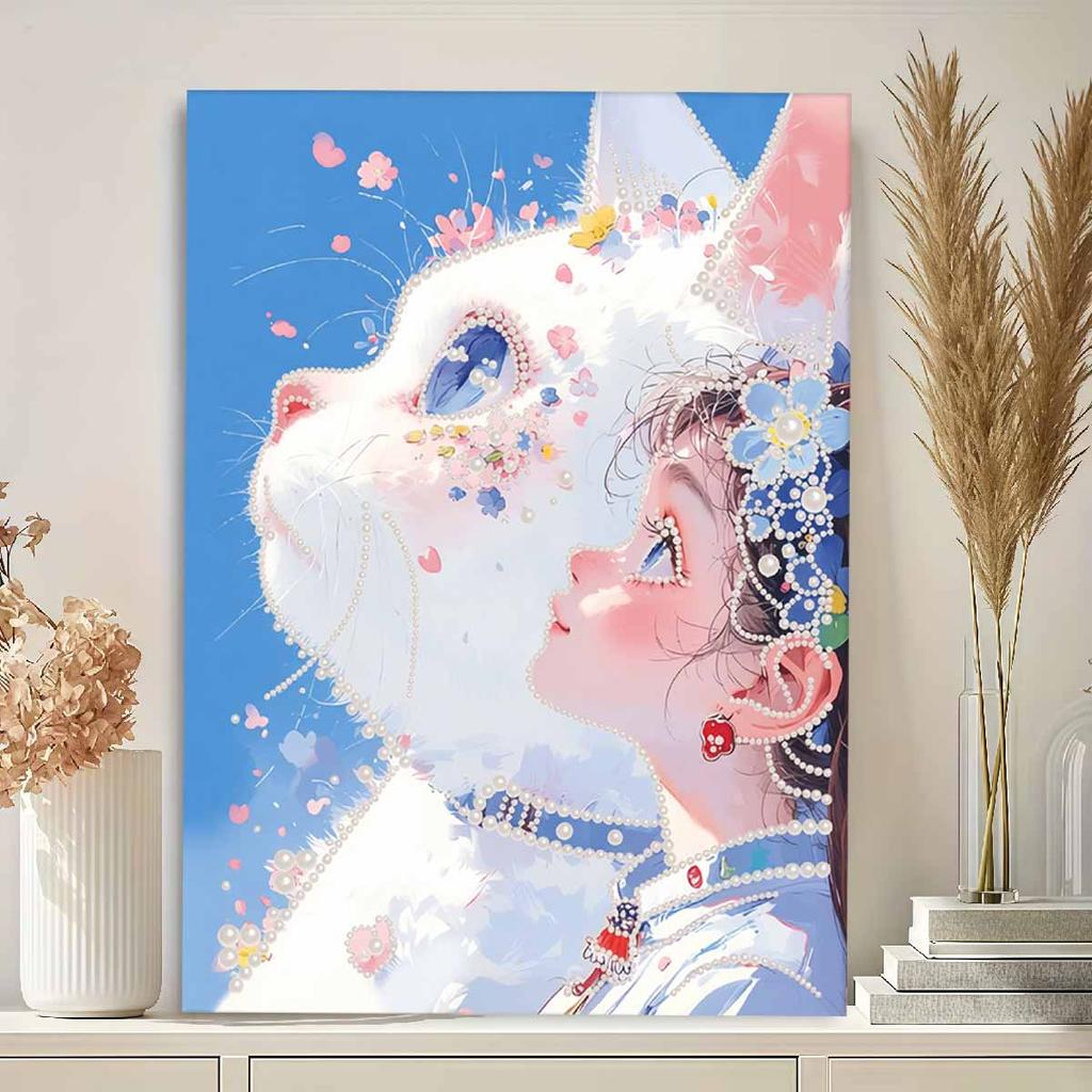 Crystal Pearl Painting 5D DIY Frame Decoration Painting White Cat Home Wall Decoration Transparent Pearl Gemstone Painting Picture Art Crafts