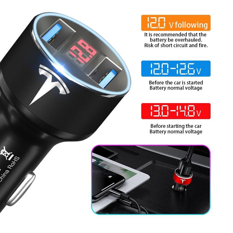 Car Charger 2 USB Ports Fast Charging Digital Display Car Accessories For Tesla Model 3 Model S Model X Y Roadster Performance
