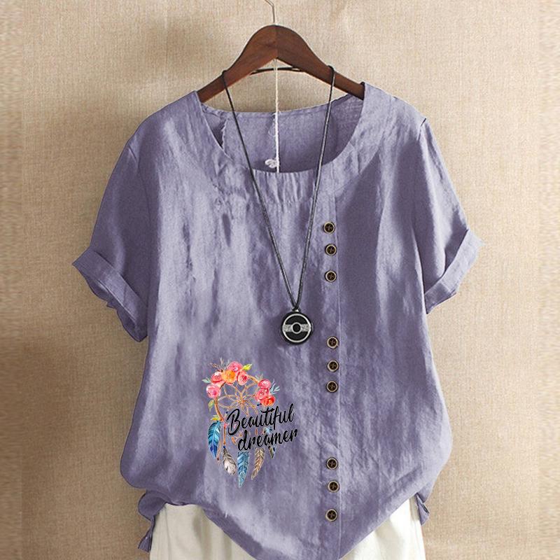 Women's Fashion Feather Letters Prined Short Sleeve T-shirt Loose Cotton Shirt Casual Loose Summer Blouse Tops Plus Size
