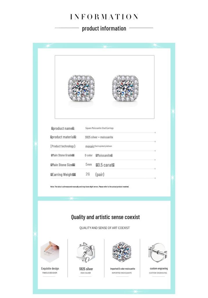 S925 Sterling Silver Square Earrings with 1 Carat Moissanite for Women - Classic Silver Ear Ornaments.