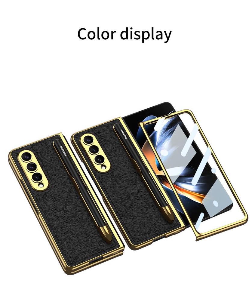 Samsung Z Fold 4 Pen Slot Leather Phone Case with Electroplated Finish and Camera Protection