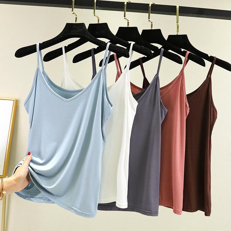 Summer solid color suspender vest women's loose v-neck sleeveless bottoming shirt, thin inner and large size outer wear versatile top