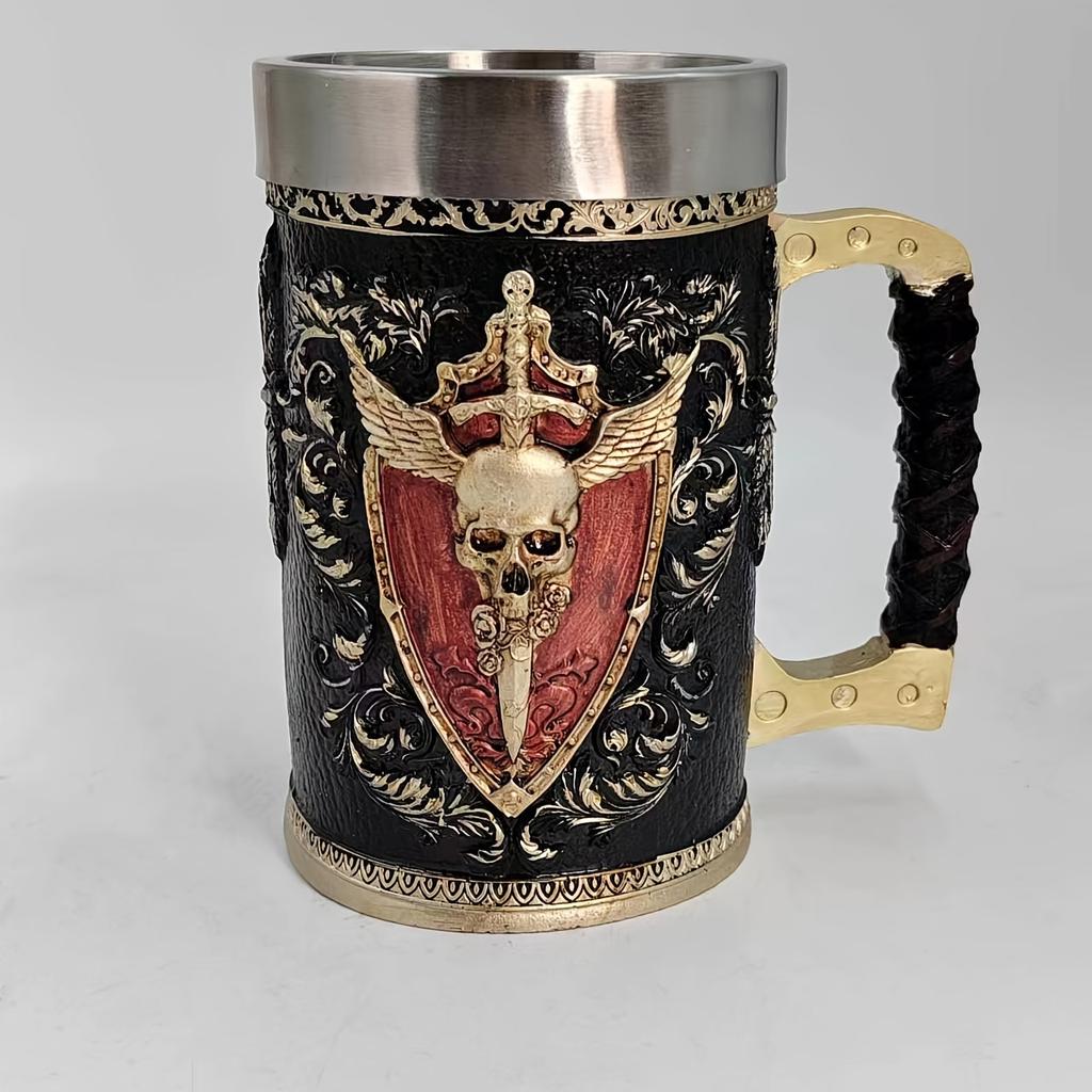 1 stk Dødningehode Engel Ølkrus Resin Relieff Skjelett Engel Sverd Krus Rustfritt Stål Innside Vann Kaffekopp Kreativt Herre Vinglass Egnet For Familier