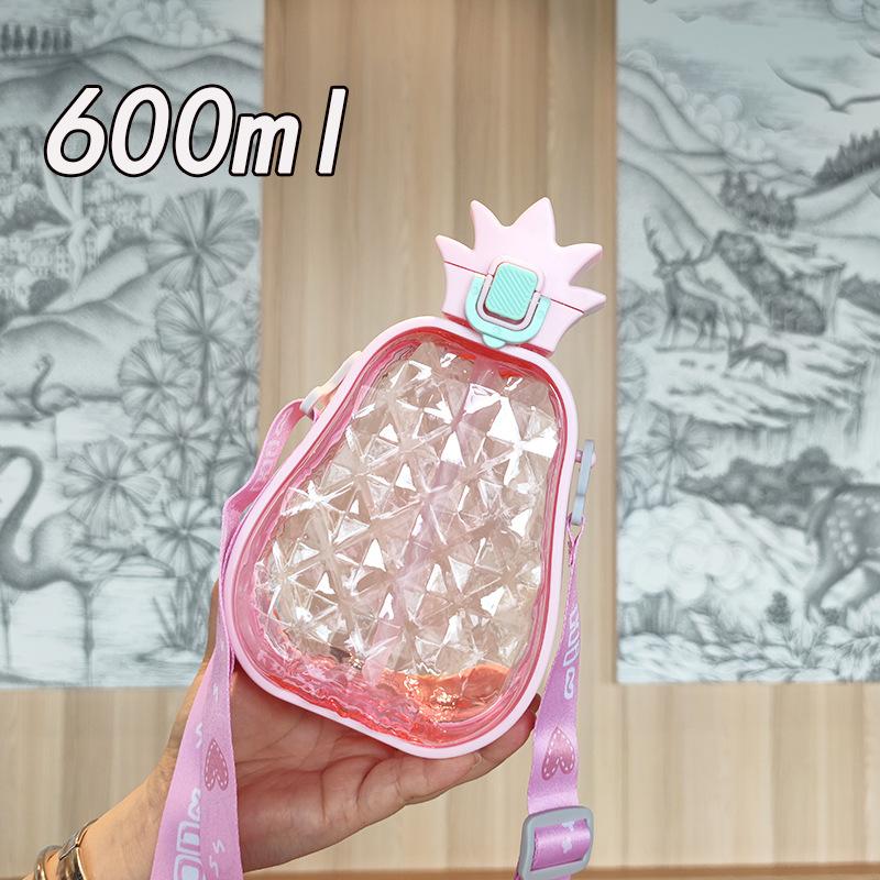Creative Cute Pineapple Straw Plastic Water Bottle Portable Strap Children's Outdoor Sports Water Bottle