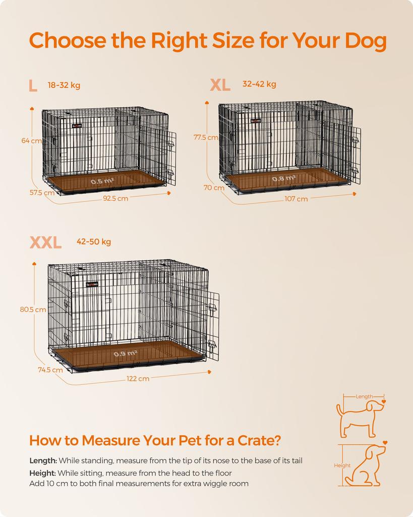 FEANDREA Dog Cage, Dog Crate with 2 Doors, 122 X 74.5 X 80.5 Cm, Black
