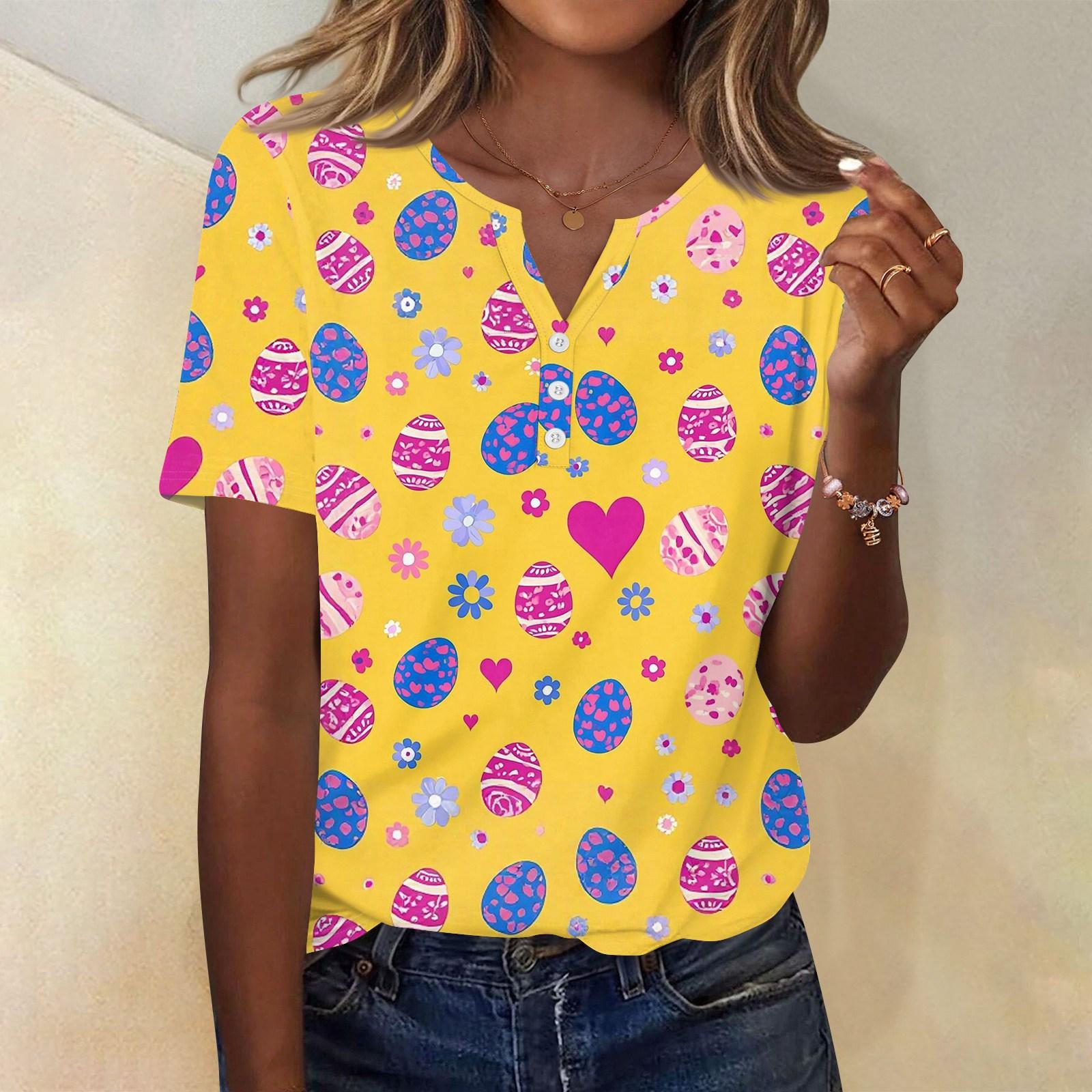 

Жіноча футболка з принтом і ґудзиком, з коротким рукавом, щоденна мода на вихідні, базовий V-подібний виріз, звичайний топ XL жовтий