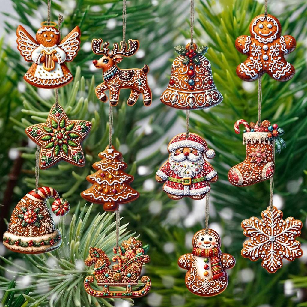 Gingerbread Ornaments 24pcs Santa Elk Snowflake Bell Snowman Wooden Christmas Ornaments Farmhouse Christmas Decor for Christmas