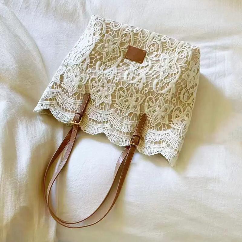 Women Lace Flower Embroidery Tote Summer Seaside Travel Vacation Beach Bag Shoulder Retro Handbag CLE