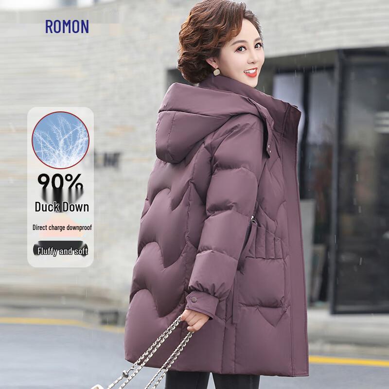 ROMON Women's Hooded Mid-Length 90% Duck Down Winter Coat