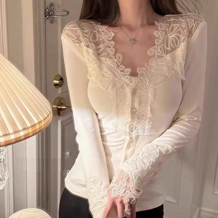 Autumn/Winter Elegant Patchwork Lace Long-Sleeve Slimming Top