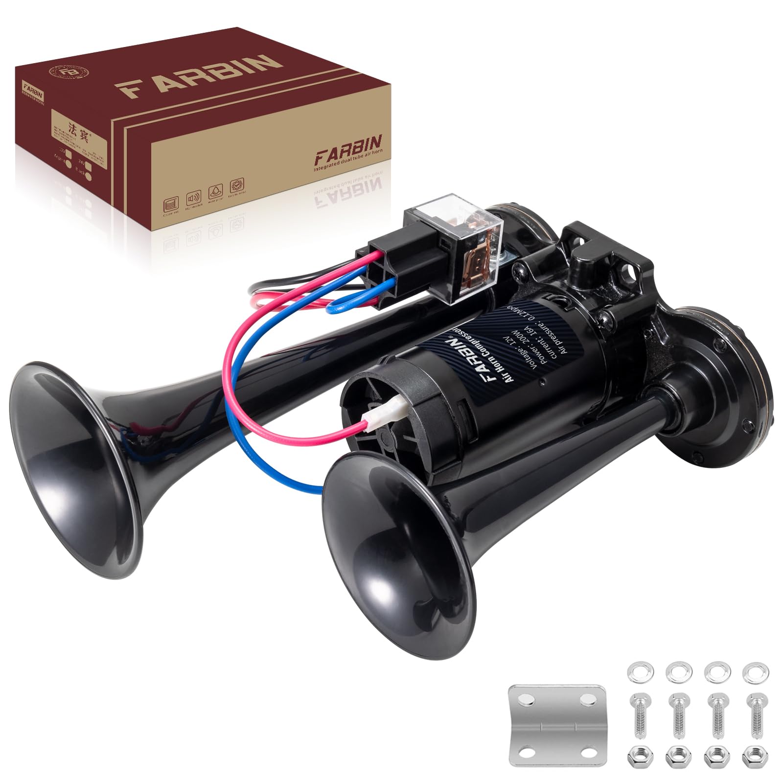 FARBIN Air Horn Kit, Yankee Horn, 12V, Automotive Integrated Dual Horn, 130dB Super Loud, Twin Tone Chrome Plated Zinc Dual Air Horn with Tape Relay,
