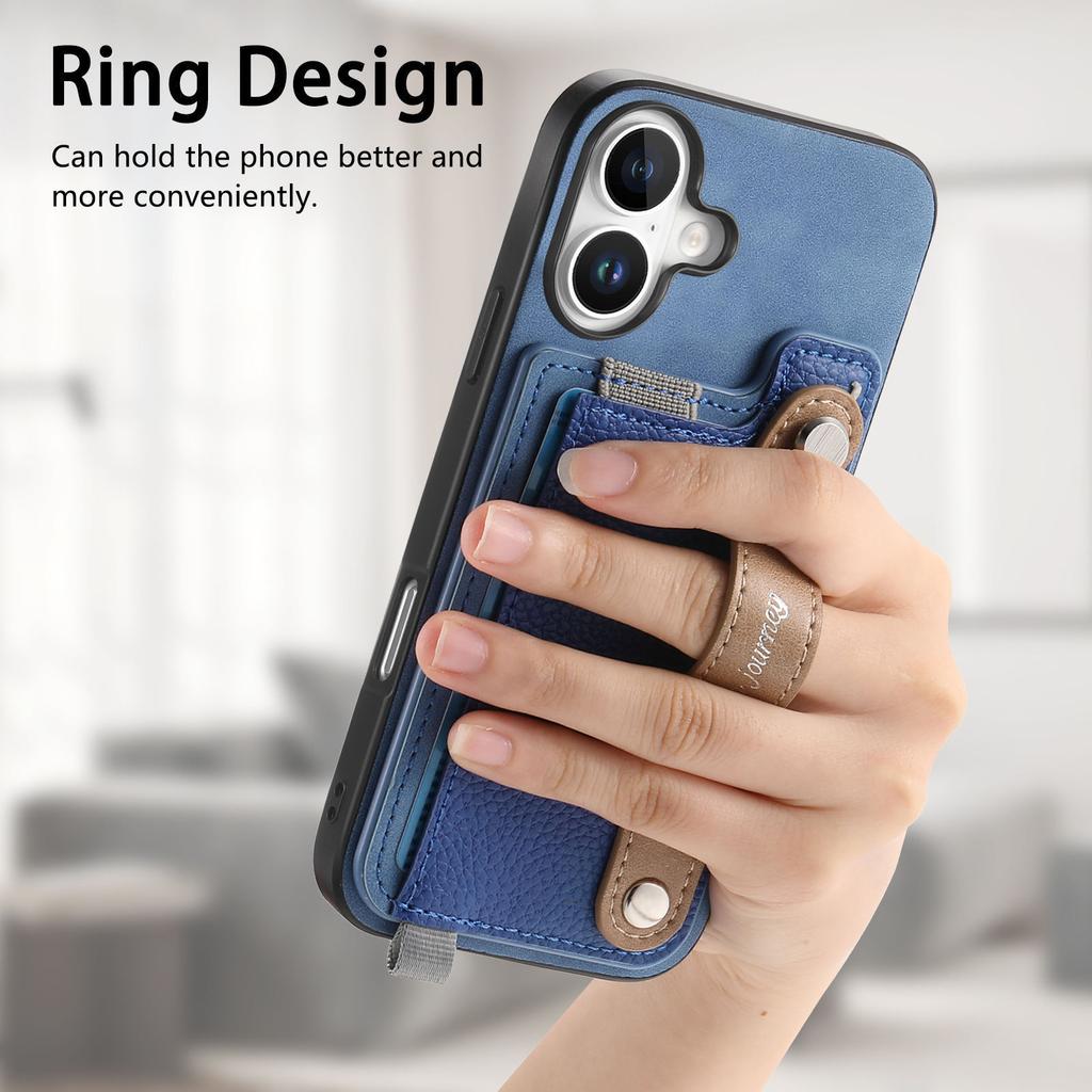 For iPhone 16 Plus Magnetic Leather Back Case with Detachable Card Holder and Wristband