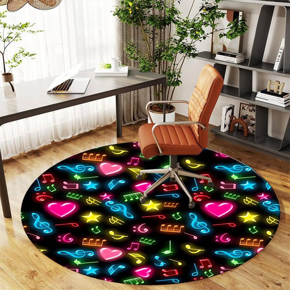 1pc Music Notes Heart Symbols Round Chair mat Area Rug - Non-Slip, Floor Mat for Office, Bedroom, home decor Christmas Gift p0811085