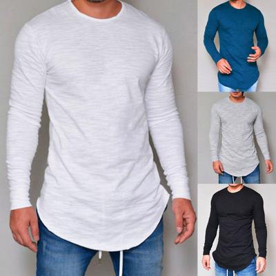 Men T-shirt Solid Color Irregular Bottom Spring Autumn Crew Neck Long Shirt for Daily Wear