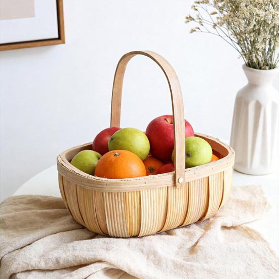 Reinforced Handle Organizer Handmade Woven Wood Storage Basket, Oval with Handle, Portable Food Serving Tray Large Capacity Bin for Kitchen