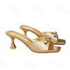 Zapatillas de Mujer Moda Punta Cuadrada Elegante Lazo Tira Única Sandalias de Tacón Alto Finas Verano Nuevo Lujo Sexy Exteriores Chanclas Doradas