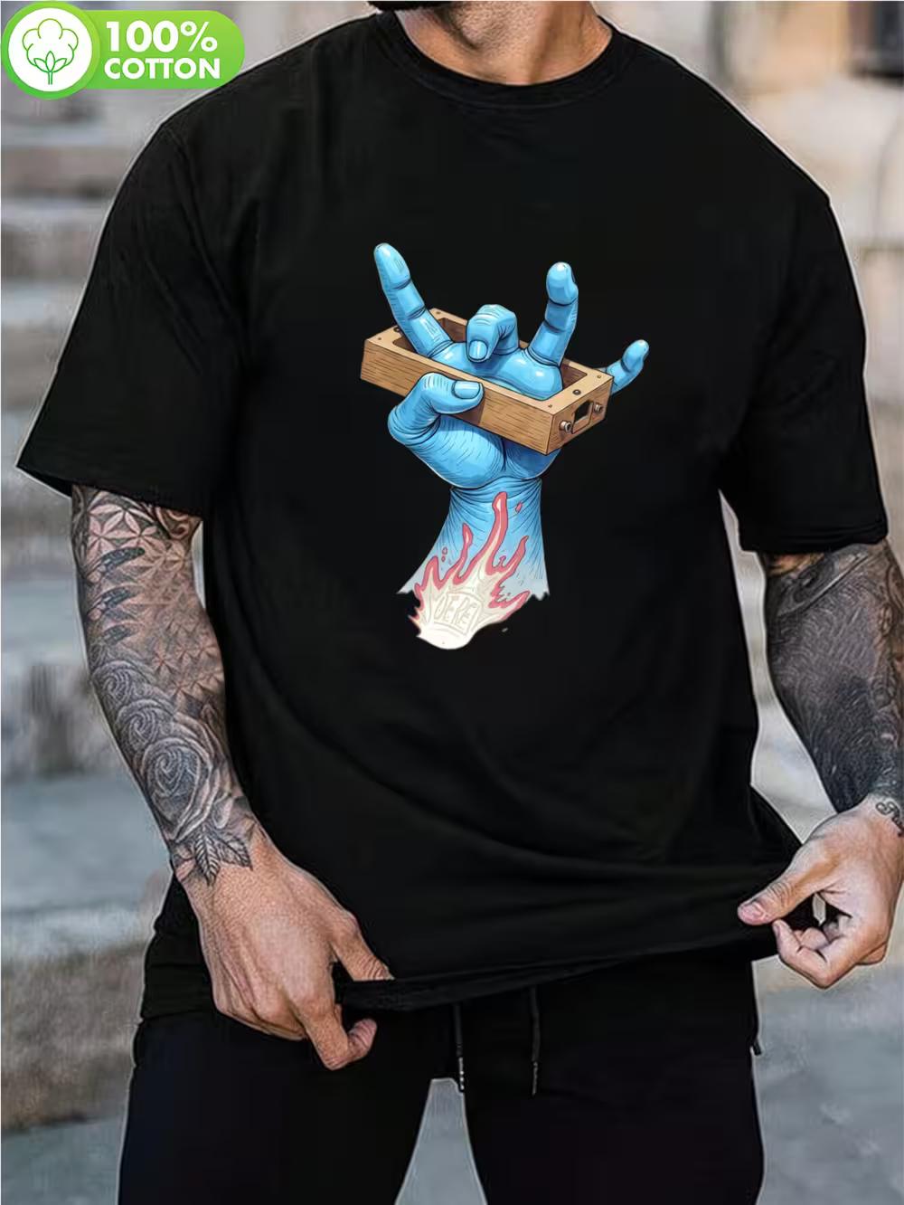 Men s Casual White T-Shirt with Blue Hand Gesture & Red Flame Print - Streetwear Style XXXXL