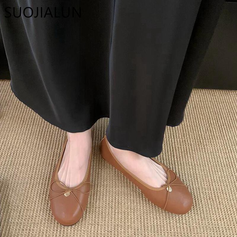 Fashion SUOJIALUN 2025 New Women Flat Shoes Fashion Round Toe Shallow Slip On Ladies Elegant Ballerina Soft Flat Heel Dress Single Shoes