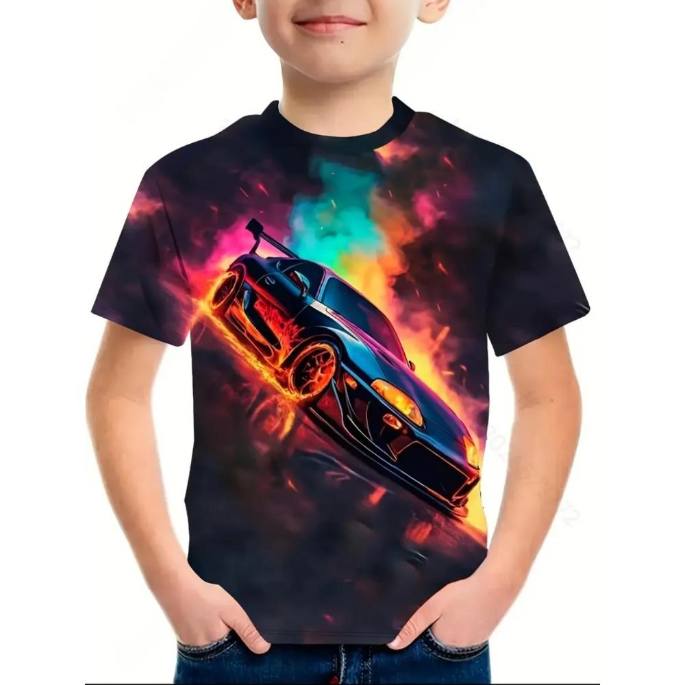 Round Neck Racing Cars Graphic 3D Printed Short Sleeved Children's Boy T-shirts - Soft Medium Stretch Polyester Fabric Summer Relaxed Fit Clothing