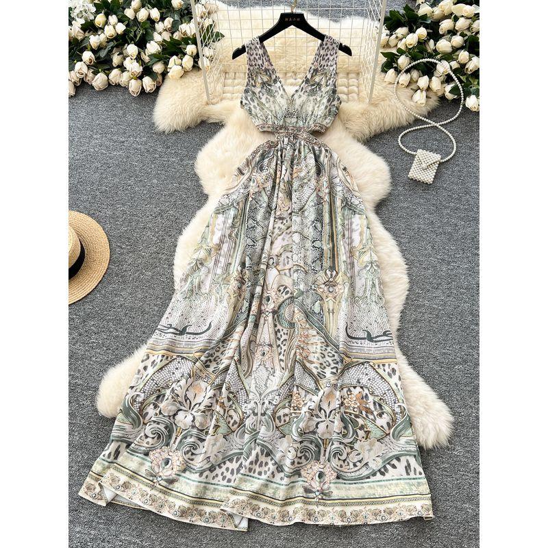 Seaside Holiday Style Dress Women Summer Design Sense Niche Hollow Waist V-neck Sleeveless Print Backless Long Dress