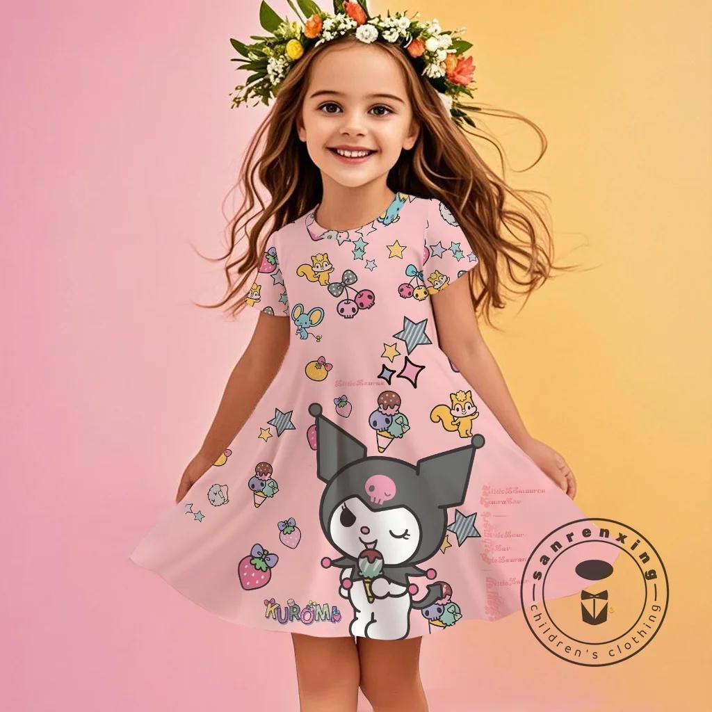 

Sanrio Summer Baby Girls Dress Puff Short Sleeve Kuromi Hello Kitty print Princess Children Girls Dress Draped Kid Girls Dress 100