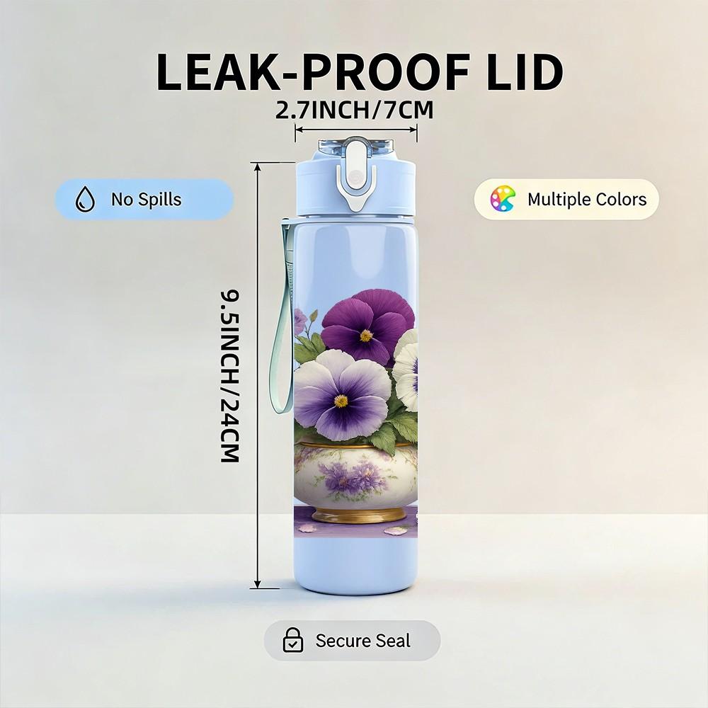 1PC Purple Pansy Flower Vase 750ml Color Plastic Sports Water Bottle Leakproof Flip Straw Lid For Sports Office Home Use