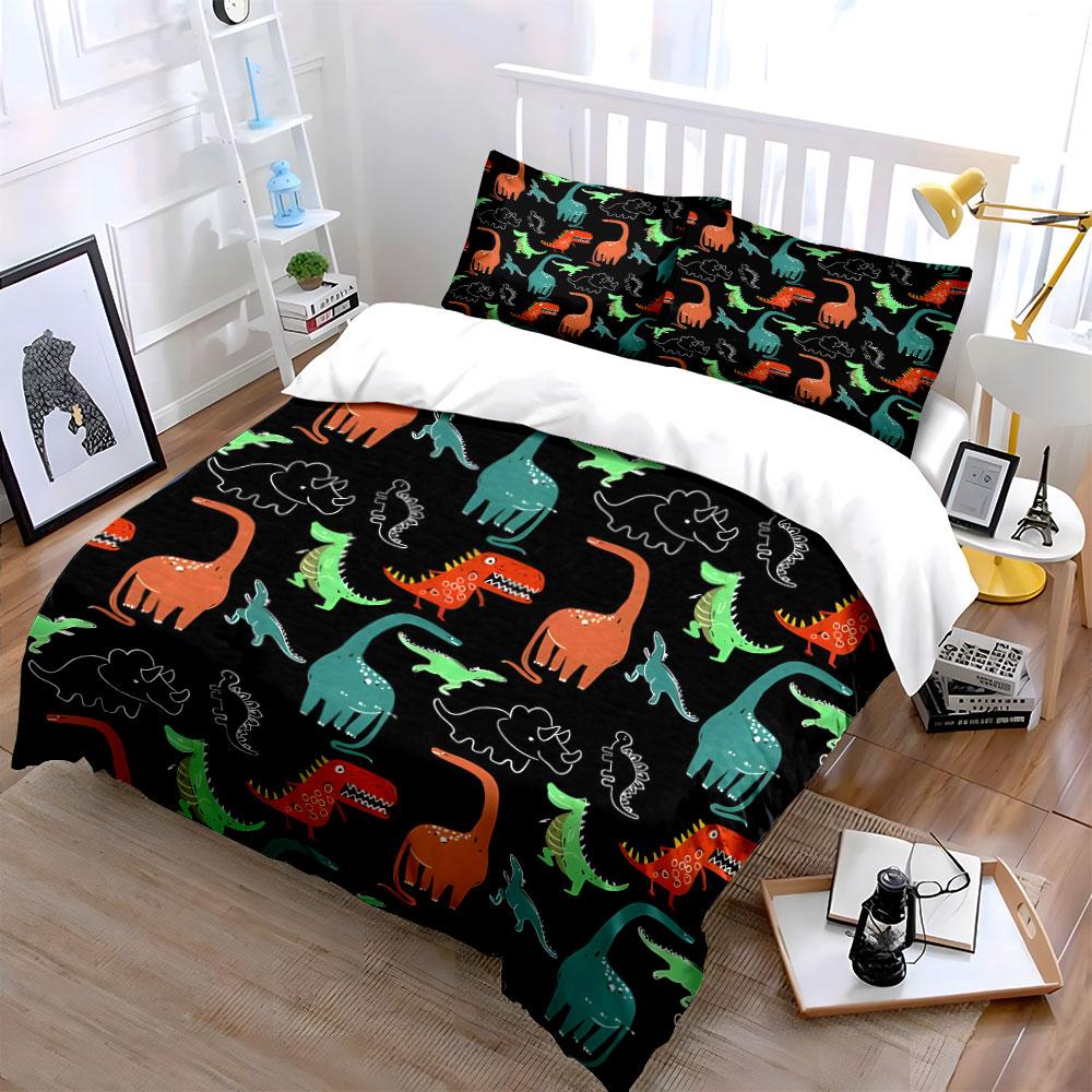 Cartoon Dinosaur Black Background Print Bedding Set 1 Duvet Cover 2 Pillowcases For Adult And Children Luxury Gift Full Size
