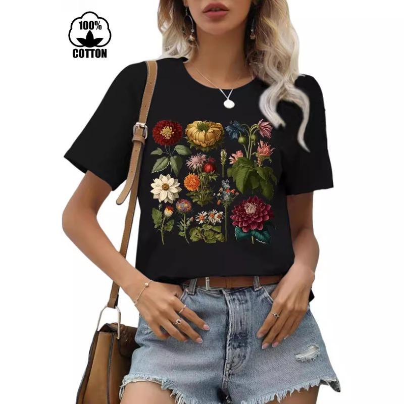 Floral Print Casual T-shirt 100% Polyester Short Sleeve round Neck Women's Graphic Top Aesthetic Summer Fashion