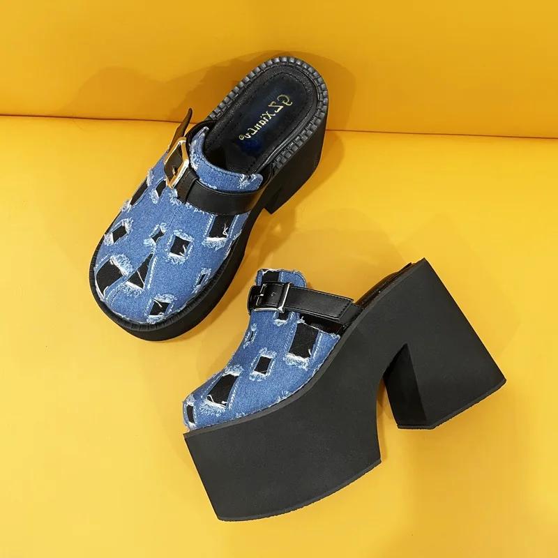 Eilyken Spring Design Belt Buckle Chunky Platform Wedges Women Slippers Elegant Round Toe Square High Heels Mule Shoes