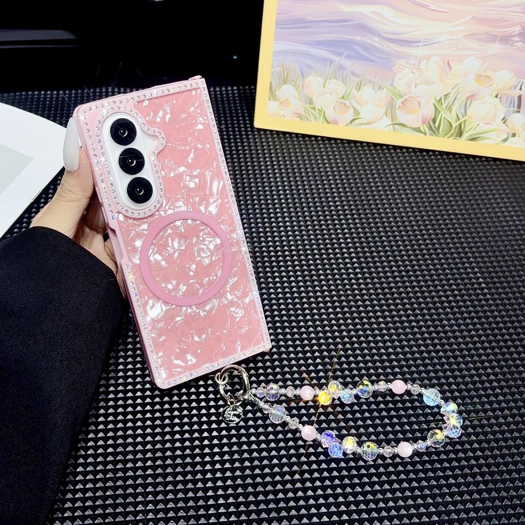 Modische Diamant-Gradient-Muschelmuster Magnetische Handyhülle Für Samsung Z Fold 7 6 5 4 3 Mit Lanyard und Band Stoßfeste Schlanke Hülle
