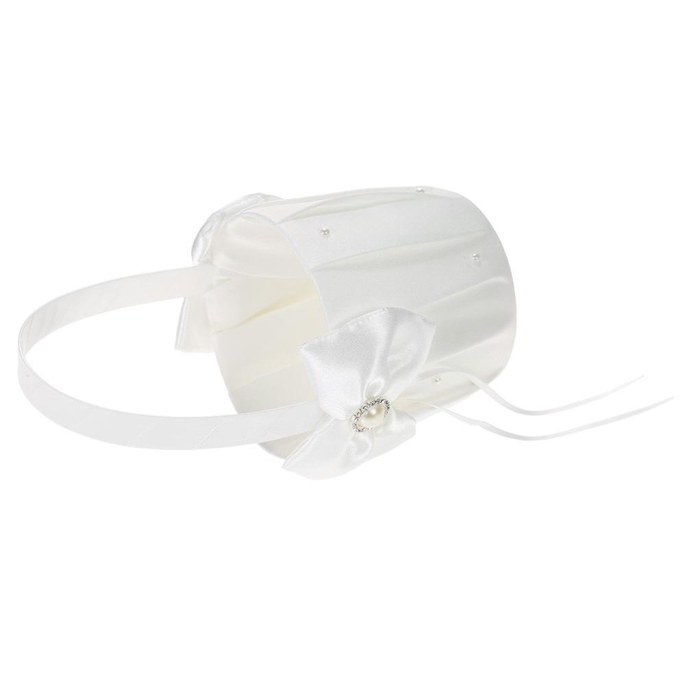 7 * 7 Inches White Satin Bowknot Rhinestone Decorated Ring Bearer Pillow and Wedding Flower Girl Basket Set