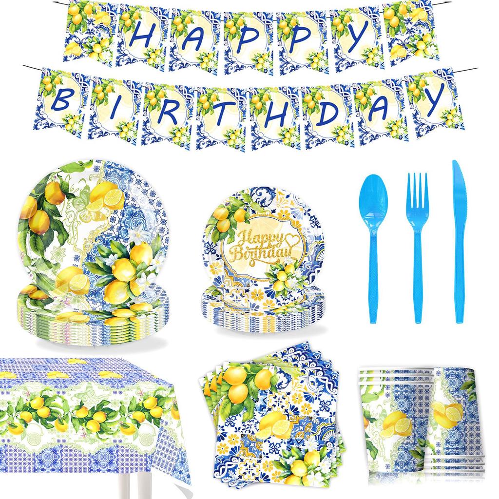 Retro Blue and White Porcelain Lemon-Themed Summer Party Tableware Set - Banner, Paper Plates, and Bunting Decorations
