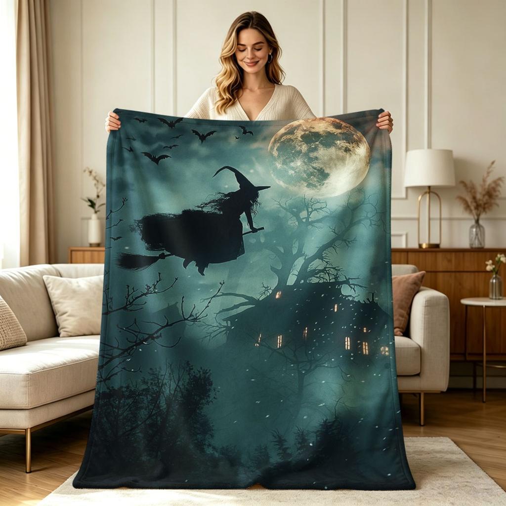 All Season Flannel Blanket Spooky Halloween Witch Haunted House Full Moon Bat Night Scene Print Soft Warm Cozy Throw Blanket for Couch Sofa Bed Living