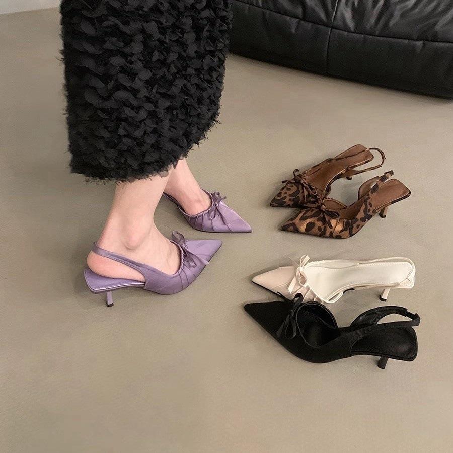 Small niche high heels, leopard print toe sandals fairy shoes 2025 new spring and summer pointed bow single shoes