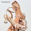 Elegant Woman Heeled Shoes Square Toe Ankle Strap Flower Sandals Fashion Dress Shoes for Ladies Heels Size35-43 Zapatos De Mujer