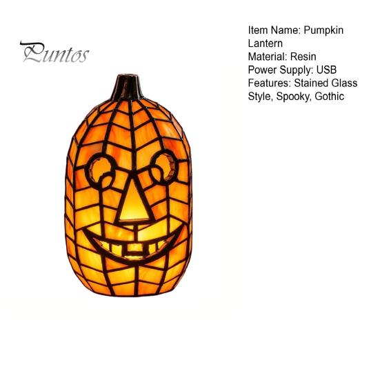 Unique Handmade Art Gift Stained Glass Pumpkin Lamp, Halloween Fall Table Lamp with Warm Glow, Crafted Resin Lantern USB Powered Orange Accent