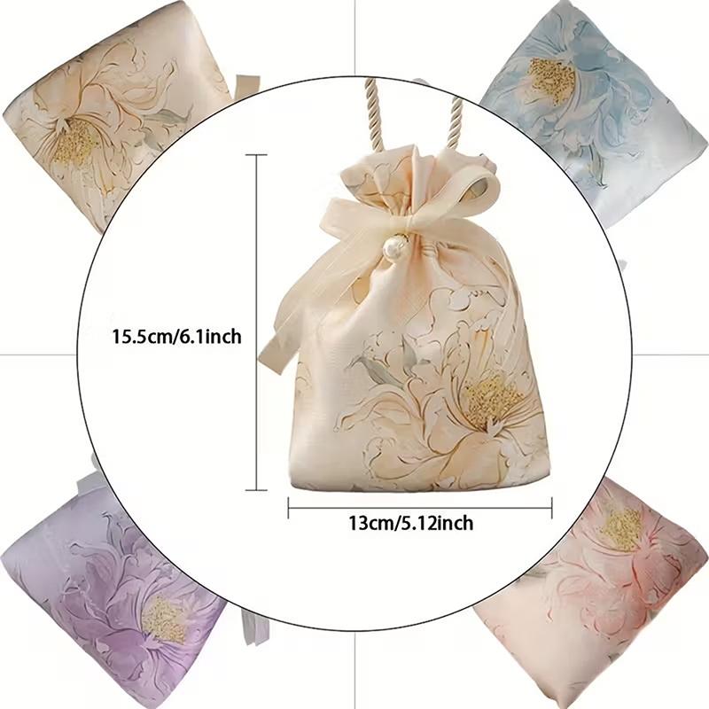 5 Pieces Elegant Floral Drawstring Gift Bags With Pearl Embellishments And Ribbon - Perfect For Weddings, Birthdays, Holidays