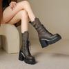 New Women'S Cowboy Boots Platform Boots Round Toe Thick Heel High Boots Belt Buckle Western Mid Calf
