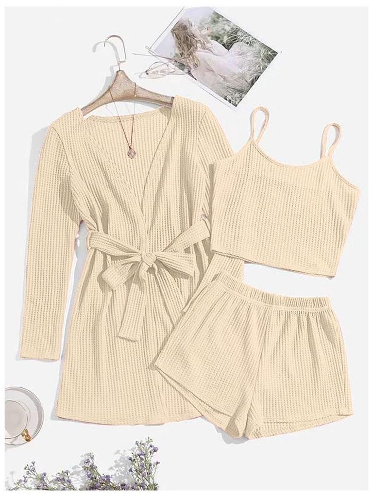 Three-Piece Women's Waffle Knit Lounge Set: Camisole, Shorts, and Outer Robe Pajamas