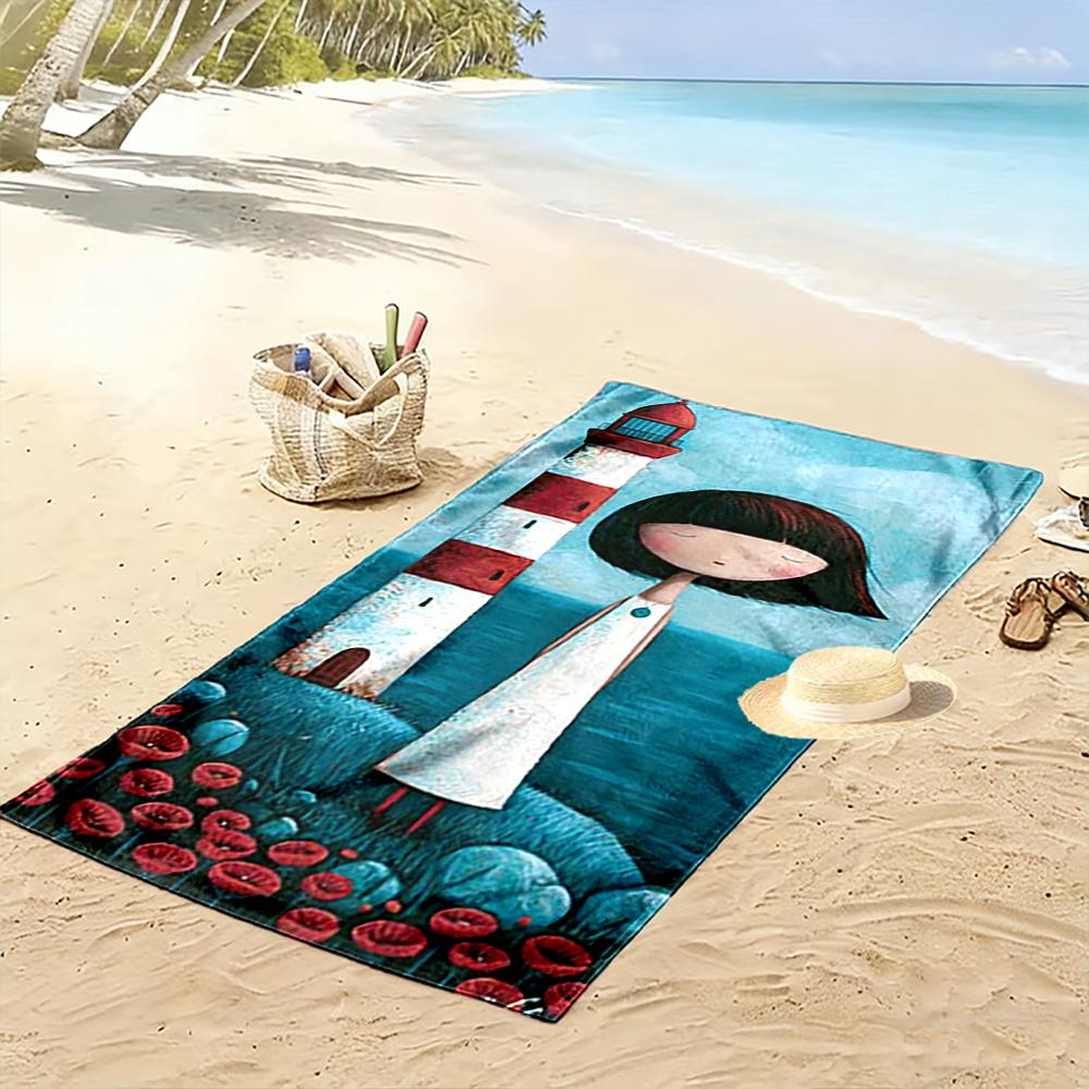 Girl with Lighthouse and Red Flowers Beach towel quick-drying for travel outdoor sports jogging beach and swimming