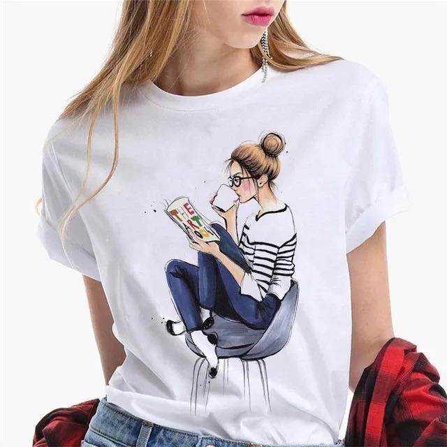 Damen T-Shirts Weibliches T-Shirt Cartoon Kleidung Kurzarm Lässig Reise Glückliche Zeit Süßes Hemd Mode Dame Grafik-T-Shirt Oberteil