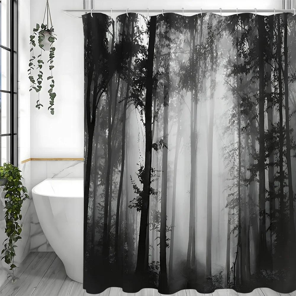 

Black Tree Shower Curtain, Black Misty Forest Bathroom Decorative Shower Curtain, Waterproof Shower Curtain With Hooks W60H190(CM)-1 Pcs